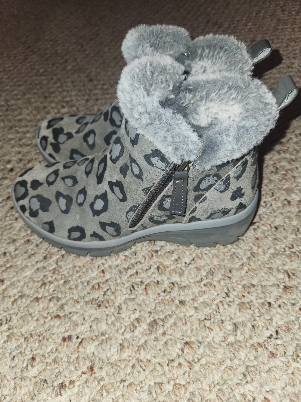 Skechers Kids Grey Leopard Print Faux-Fur Ankle Boots